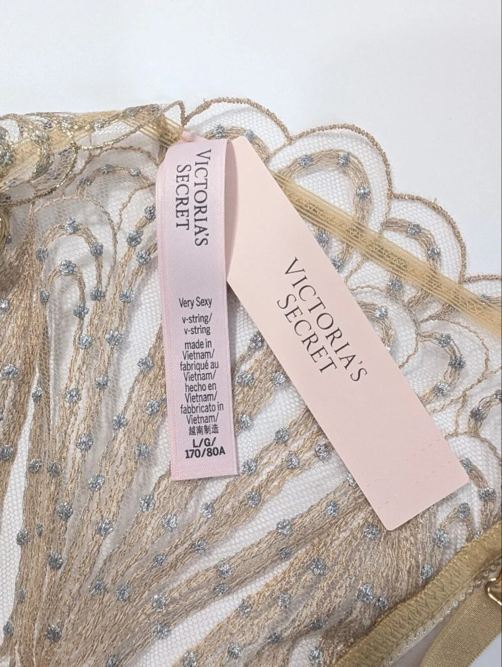 Victoria's Secret Very Sexy Showgirl V String Thong Large Embroidery Panty gold